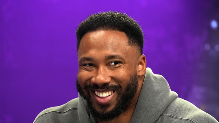 Feb 5, 2025; New Orleans, LA, USA; Cleveland Browns defensive end Myles Garrett on radio row at the Super Bowl LIX media center at the Ernest N. Morial Convention Center. Mandatory Credit: Kirby Lee-Imagn Images