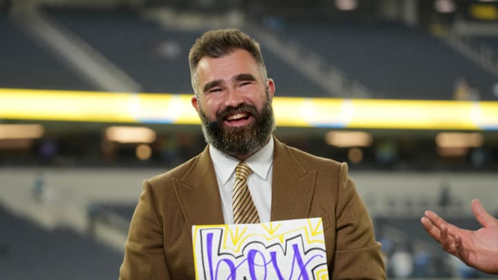 Nov 25, 2024; Inglewood, California, USA; Jason Kelce on the ESPN Monday Night Football Countdown set before the game between the Baltimore Ravens and the Los Angeles Chargers at SoFi Stadium. Mandatory Credit: Kirby Lee-Imagn Images