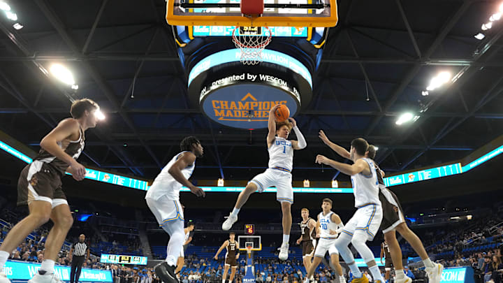 Nov 15, 2024; Los Angeles, California, USA; UCLA Bruins guard Trent Perry (1) rebounds the ball against the Lehigh Mountain Hawks in the second half at Pauley Pavilion presented by Wescom. Mandatory Credit: Kirby Lee-Imagn Images Nov 15, 2024; Los Angeles, California, USA; UCLA Bruins guard Trent Perry (1) rebounds the ball against the Lehigh Mountain Hawks in the second half at Pauley Pavilion presented by Wescom. Mandatory Credit: Kirby Lee-Imagn Images