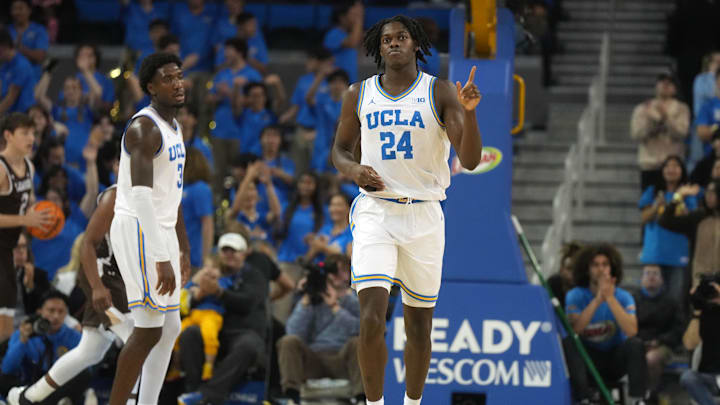 Nov 15, 2024; Los Angeles, California, USA; UCLA Bruins forward William Kyle III (24) reacts in the first half against the Lehigh Mountain Hawks at Pauley Pavilion presented by Wescom. Mandatory Credit: Kirby Lee-Imagn Images