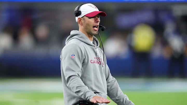 Dec 28, 2024; Inglewood, California, USA; Arizona Cardinals coach Jonathan Gannon reacts against the Los Angeles Rams in the second half at SoFi Stadium. Mandatory Credit: Kirby Lee-Imagn Images