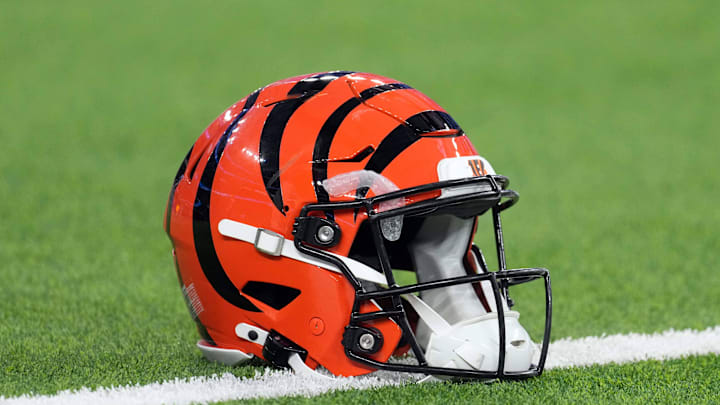 A Cincinnati Bengals Riddell Speedflex helmet on the field at SoFi Stadium