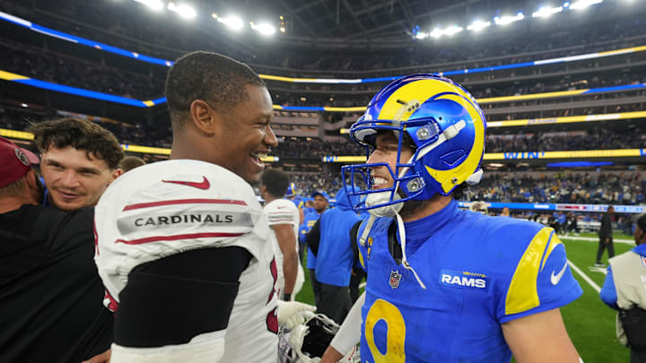 Arizona Cardinals linebacker Julian Okwara and Los Angeles Rams quarterback Matthew Stafford. Arizona Cardinals linebacker Julian Okwara and Los Angeles Rams quarterback Matthew Stafford.