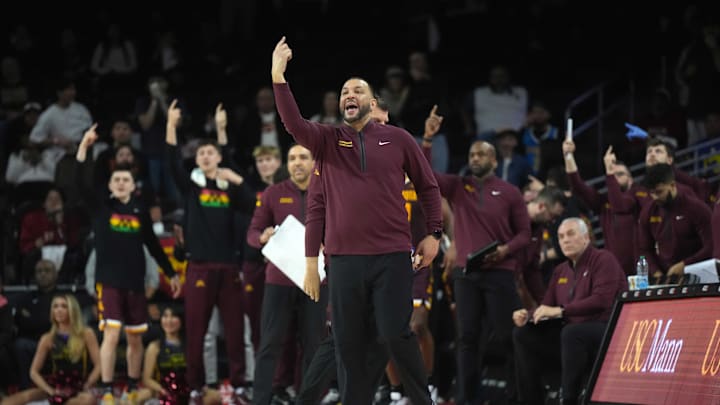 Feb 15, 2025; Los Angeles, California, USA; Minnesota Golden Gophers head coach Ben Johnson reacts against the Southern California Trojans in the second half at Galen Center. Mandatory Credit: Kirby Lee-Imagn Images
