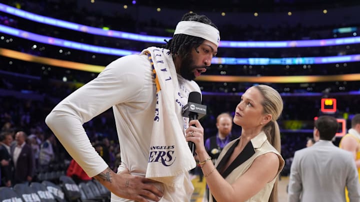 Jan 23, 2025; Los Angeles, California, USA; NBA on TNT reporter Allie LaForce (right) interviews Los Angeles Lakers forward Anthony Davis (3) after the game against the Boston Celtics at the Crypto.com Arena. Mandatory Credit: Kirby Lee-Imagn Images