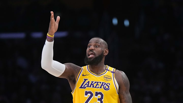 Jan 23, 2025; Los Angeles, California, USA; Los Angeles Lakers forward LeBron James (23) reacts in the second half against the Boston Celtics at the Crypto.com Arena. Mandatory Credit: Kirby Lee-Imagn Images