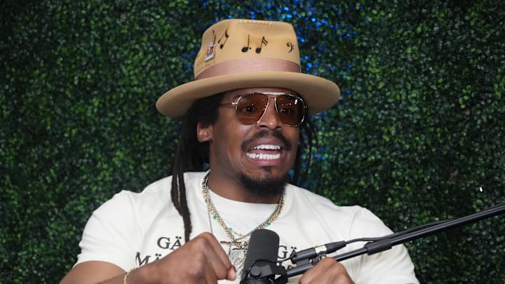 Feb 7, 2025; New Orleans, LA, USA; Cam Newton on Radio Row at the Super Bowl LIX media center. Mandatory Credit: Kirby Lee-Imagn Images