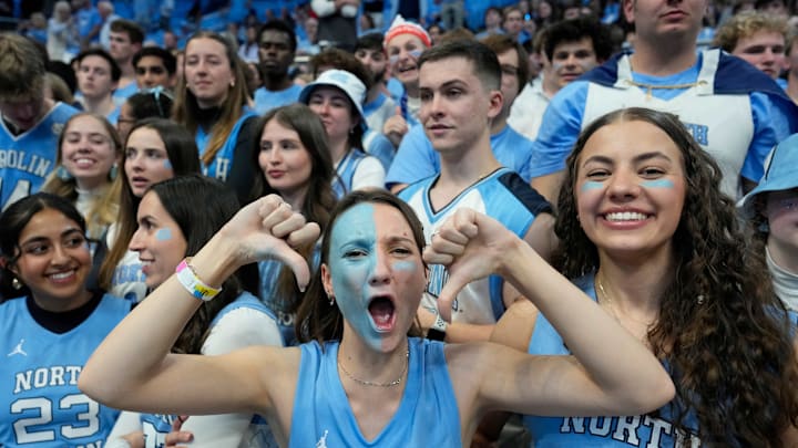 Mar 8, 2025; Chapel Hill, North Carolina, USA; North Carolina Tar Heels fans before the game at Dean E. Smith Center. Mandatory Credit: Bob Donnan-Imagn Images Mar 8, 2025; Chapel Hill, North Carolina, USA; North Carolina Tar Heels fans before the game at Dean E. Smith Center. Mandatory Credit: Bob Donnan-Imagn Images