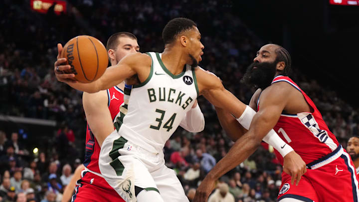 Jan 25, 2025; Inglewood, California, USA; LA Clippers center Ivica Zubac (40) and guard James Harden (1) defend against Milwaukee Bucks forward Giannis Antetokounmpo (34) in the second half at Intuit Dome. Mandatory Credit: Kirby Lee-Imagn Images Jan 25, 2025; Inglewood, California, USA; LA Clippers center Ivica Zubac (40) and guard James Harden (1) defend against Milwaukee Bucks forward Giannis Antetokounmpo (34) in the second half at Intuit Dome. Mandatory Credit: Kirby Lee-Imagn Images