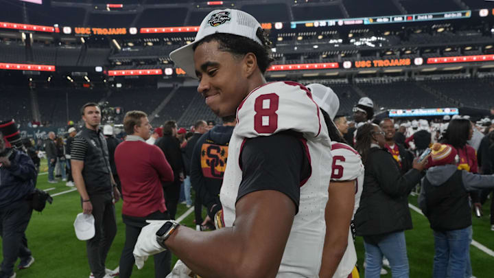 Dec 27, 2024; Las Vegas, NV, USA; Southern California Trojans wide receiver Ja'Kobi Lane (8) reacts after the game against the Texas A&M Aggies at Allegiant Stadium. Mandatory Credit: Kirby Lee-Imagn Images Dec 27, 2024; Las Vegas, NV, USA; Southern California Trojans wide receiver Ja'Kobi Lane (8) reacts after the game against the Texas A&M Aggies at Allegiant Stadium. Mandatory Credit: Kirby Lee-Imagn Images