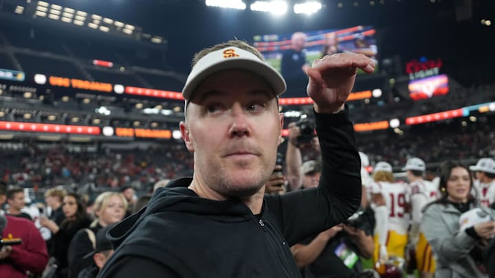 Dec 27, 2024; Las Vegas, NV, USA; Southern California Trojans head coach Lincoln Riley reacts after the game against the Texas A&M Aggies at Allegiant Stadium. Mandatory Credit: Kirby Lee-Imagn Images
