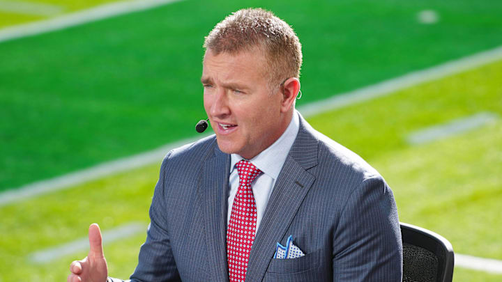 Jan 1, 2025; Pasadena, California, USA; Kirk Herbstreit on the ESPN Gameday set at Rose Bowl Stadium. Mandatory Credit: Kirby Lee-Imagn Images