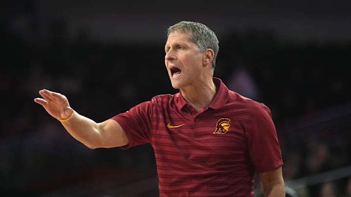 Jan 14, 2025; Los Angeles, California, USA; Southern California Trojans head coach Eric Musselman reacts in the first half against the Iowa Hawkeyes at Galen Center. Mandatory Credit: Kirby Lee-Imagn Images Jan 14, 2025; Los Angeles, California, USA; Southern California Trojans head coach Eric Musselman reacts in the first half against the Iowa Hawkeyes at Galen Center. Mandatory Credit: Kirby Lee-Imagn Images
