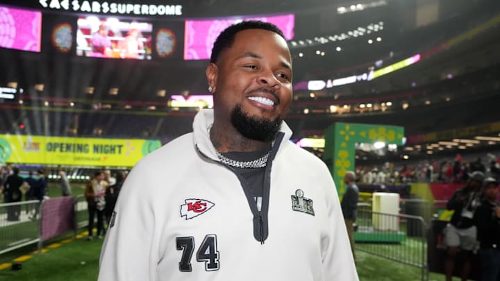 Feb 3, 2025; New Orleans, LA, USA; Kansas City Chiefs offensive tackle Jawaan Taylor (74)  during Super Bowl LIX Opening Night at Ceasars Superdome. Mandatory Credit: Kirby Lee-Imagn Images