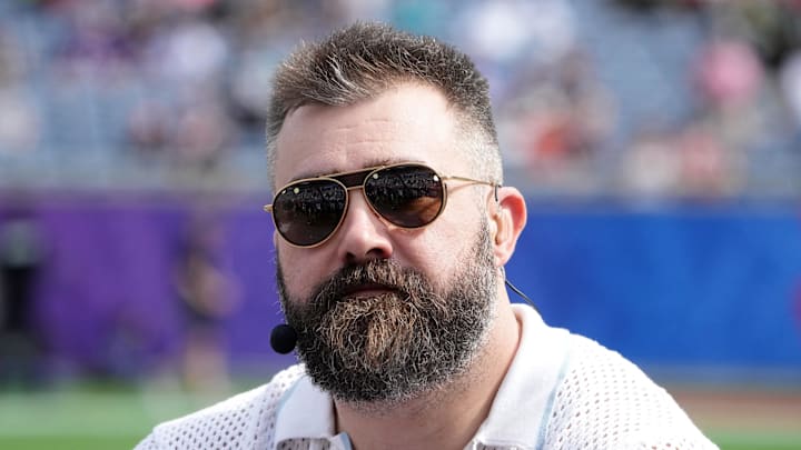 Feb 2, 2025; Orlando, FL, USA; Jason Kelce on the ESPN postseason countdown set during the 2025 Pro Bowl Games at Camping World Stadium. Mandatory Credit: Kirby Lee-Imagn Images