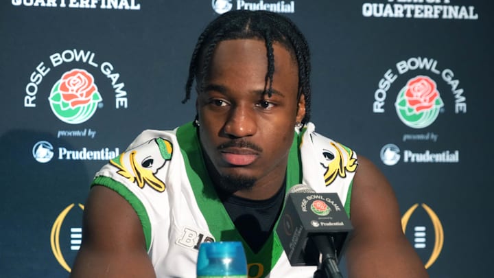 Dec 30, 2024; Los Angeles, CA, USA; Oregon Ducks linebacker Jeffrey Bassa (2) during Rose Bowl media day at Sheraton Grand LA. Mandatory Credit: Kirby Lee-Imagn Images