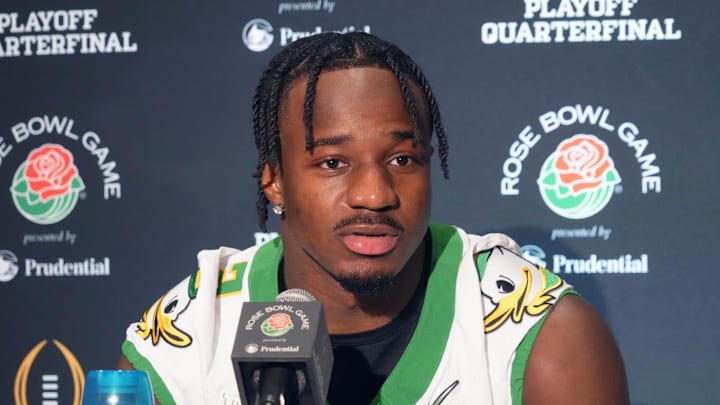 Dec 30, 2024; Los Angeles, CA, USA; Oregon Ducks linebacker Jeffrey Bassa (2) during Rose Bowl media day at Sheraton Grand LA. Mandatory Credit: Kirby Lee-Imagn Images