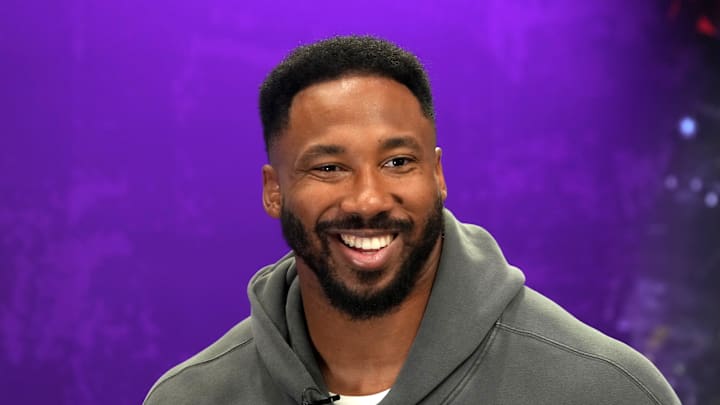 Feb 5, 2025; New Orleans, LA, USA; Cleveland Browns defensive end Myles Garrett on radio row at the Super Bowl LIX media center at the Ernest N. Morial Convention Center. Mandatory Credit: Kirby Lee-Imagn Images
