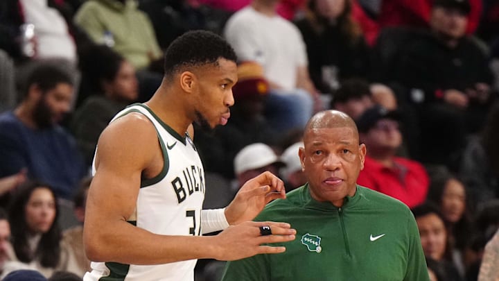 Jan 25, 2025; Inglewood, California, USA; Milwaukee Bucks forward Giannis Antetokounmpo (34) and coach Doc Rivers react against the LA Clippers in the first half at Intuit Dome. Mandatory Credit: Kirby Lee-Imagn Images