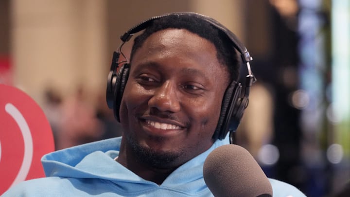 San Francisco 49ers receiver Deebo Samuel on Radio Row at the Super Bowl LIX media center.