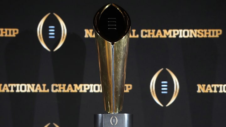 Jan 19, 2025; Atlanta, GA, USA; The College Football Playoff National Championship trophy at a press conference at The Westin Peachtree Plaza, Savannah Ballroom. Mandatory Credit: Kirby Lee-Imagn Images Jan 19, 2025; Atlanta, GA, USA; The College Football Playoff National Championship trophy at a press conference at The Westin Peachtree Plaza, Savannah Ballroom. Mandatory Credit: Kirby Lee-Imagn Images