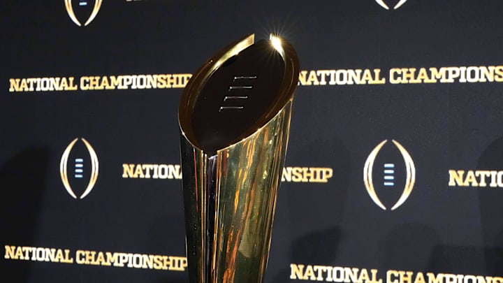 Jan 21, 2025; Atlanta, GA, USA; The College Football Playoff National Championship trophy at press conference at The Westin Peachtree Plaza, Savannah Ballroom. Mandatory Credit: Kirby Lee-Imagn Images