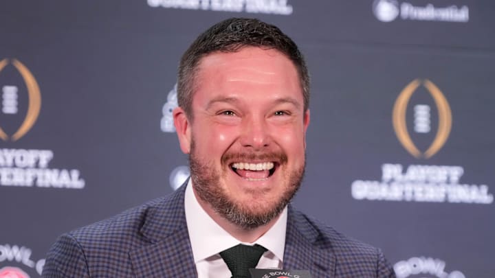 Dec 31, 2024; Los Angeles, California, USA; Oregon Ducks head coach Dan Lanning during the Rose Bowl head coaches press conference at Sheraton Grand LA. Mandatory Credit: Kirby Lee-Imagn Images