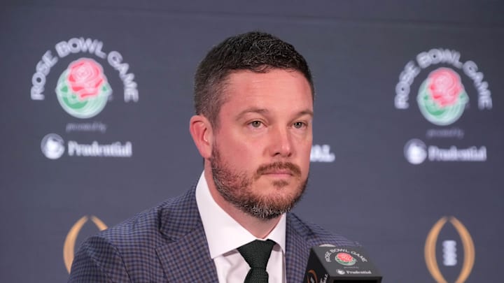 Dec 31, 2024; Los Angeles, California, USA; Oregon Ducks head coach Dan Lanning during the Rose Bowl head coaches press conference at Sheraton Grand LA. 