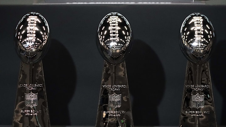 Jan 27, 2025; Henderson, NV, USA; The Oakland and Las Los Angeles Raiders Vince Lombardi Super Bowl 11 (XI), Super Bowl 15 (XV) and Super Bowl 28 (XVIII) champion trophies at the Intermountain Health Performance Center. Mandatory Credit: Kirby Lee-Imagn Images