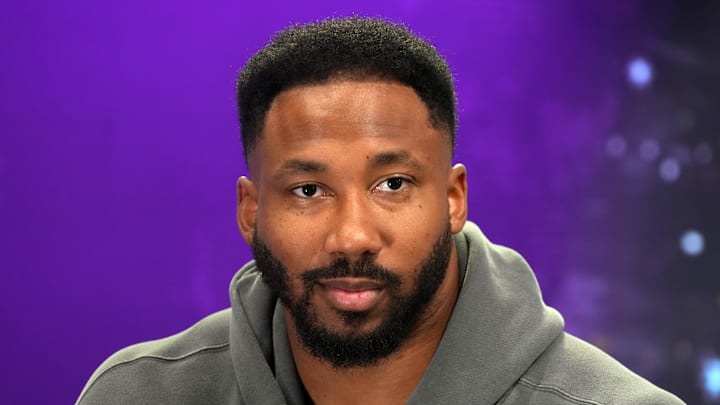 Cleveland Browns defensive end Myles Garrett on radio row at the Super Bowl LIX media center.