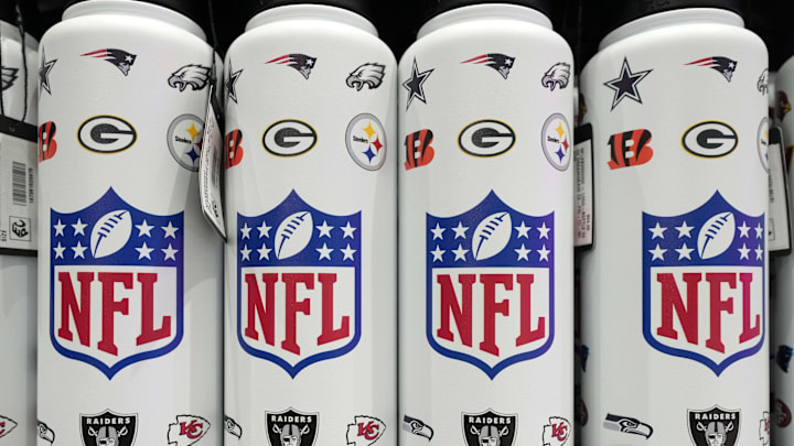 Feb 4, 2025; New Orleans, LA, USA; NFL shield logo water bottles at the NFL Shop at the Super Bowl LIX Experience at the Ernest N. Morial Convention Center.  