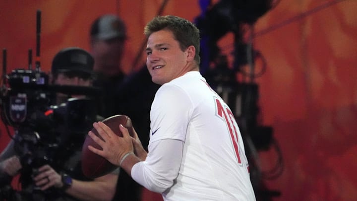 Jan 30, 2025; Orlando, FL, USA; AFC quarterback Drake Maye (10) throws the ball during the Passing the Test event at the Pro Bowl Skills Challenge at Nicholson Fieldhouse.  