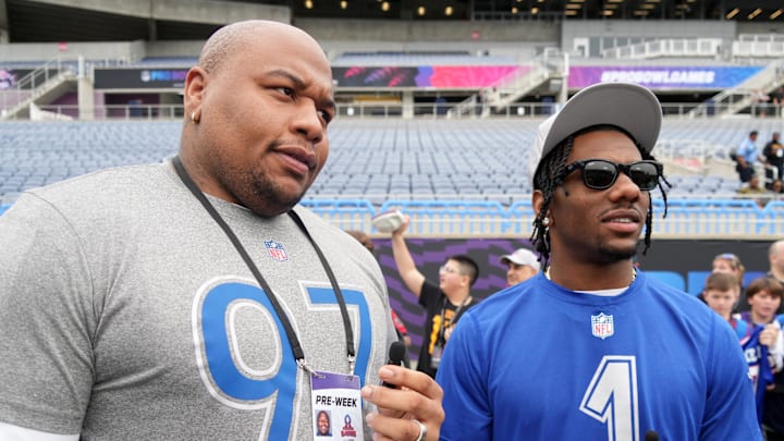 New York Giants tackle Dexter Lawrence (99) interviews Giants receiver Malik Nabers (1) at last year's Pro Bowl. 