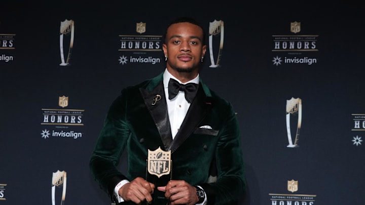 Feb 6, 2025; New Orleans, LA, USA; Denver Broncos cornerback Patrick Surtain II poses with the Defensive Player of the Year award during Super Bowl LIX NFL Honors at Saenger Theatre.  