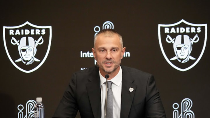 Jan 27, 2025; Las Vegas, NV, USA; Las Vegas Raiders general manager John Spytek at press conference at Intermountain Health Performance Center. Mandatory Credit: Kirby Lee-Imagn Images