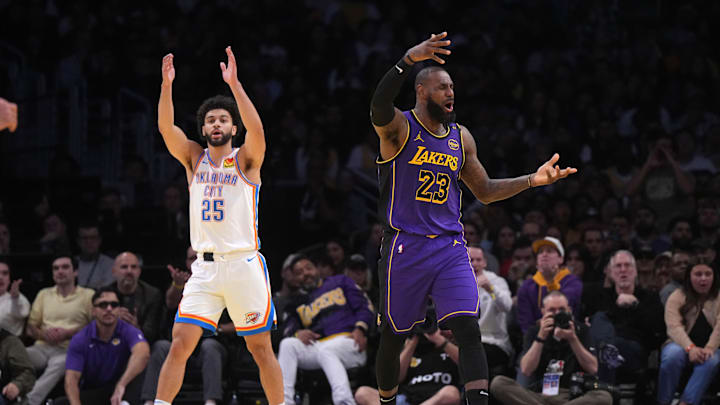 Nov 29, 2024; Los Angeles, California, USA; Los Angeles Lakers forward LeBron James (23) and Oklahoma City Thunder guard Ajay Mitchell (25) react in the second half at Crypto.com Arena. Mandatory Credit: Kirby Lee-Imagn Images Nov 29, 2024; Los Angeles, California, USA; Los Angeles Lakers forward LeBron James (23) and Oklahoma City Thunder guard Ajay Mitchell (25) react in the second half at Crypto.com Arena. Mandatory Credit: Kirby Lee-Imagn Images