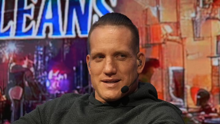 Feb 5, 2025; New Orleans, LA, USA; A.J. Hawk on the Pat McAfee Show set at the Super Bowl LIX media center at the Ernest N. Morial Convention Center. Mandatory Credit: Kirby Lee-Imagn Images Feb 5, 2025; New Orleans, LA, USA; A.J. Hawk on the Pat McAfee Show set at the Super Bowl LIX media center at the Ernest N. Morial Convention Center. Mandatory Credit: Kirby Lee-Imagn Images