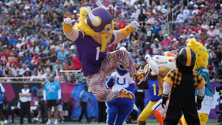 Feb 2, 2025; Orlando, FL, USA; Minnesota Vikings mascot Viktor during the 2025 Pro Bowl Games at Camping World Stadium. Mandatory Credit: Kirby Lee-Imagn Images Feb 2, 2025; Orlando, FL, USA; Minnesota Vikings mascot Viktor during the 2025 Pro Bowl Games at Camping World Stadium. Mandatory Credit: Kirby Lee-Imagn Images