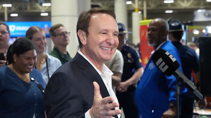 Feb 7, 2025; New Orleans, LA, USA; Louisiana governor Jeff Landry on Radio Row at the Super Bowl LIX media center. Mandatory Credit: Kirby Lee-Imagn Images