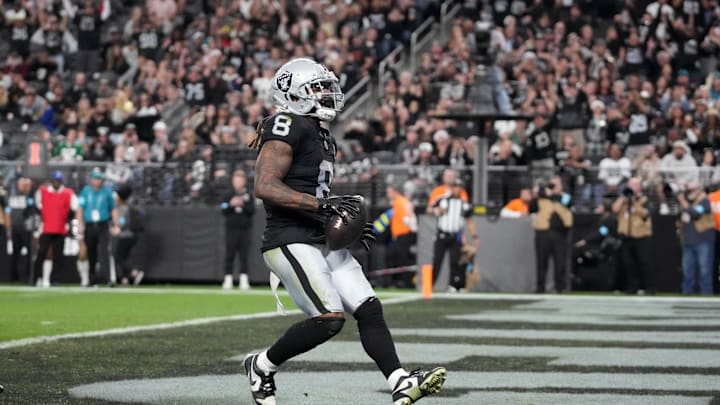 Dec 22, 2024; Paradise, Nevada, USA; Las Vegas Raiders running back Ameer Abdullah (8) celebrates after scoring on a 7-yard touchdown run in the second half against the Jacksonville Jaguars at Allegiant Stadium. Mandatory Credit: Kirby Lee-Imagn Images