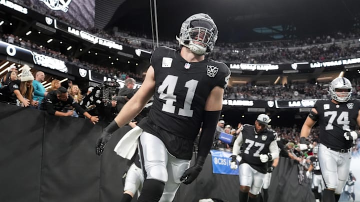 Dec 22, 2024; Paradise, Nevada, USA; Las Vegas Raiders linebacker Robert Spillane (41) enters the field before the game against the Jacksonville Jaguars at Allegiant Stadium. Mandatory Credit: Kirby Lee-Imagn Images