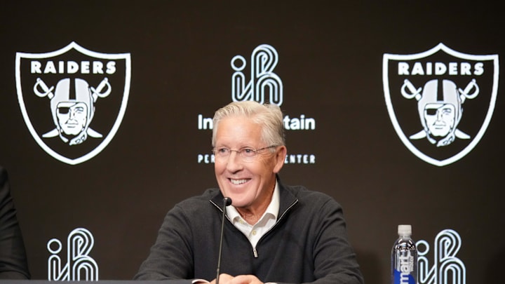 Jan 27, 2025; Las Vegas, NV, USA; Las Vegas Raiders coach Pete Carroll at press conference at Intermountain Health Performance Center. Mandatory Credit: Kirby Lee-Imagn Images Jan 27, 2025; Las Vegas, NV, USA; Las Vegas Raiders coach Pete Carroll at press conference at Intermountain Health Performance Center. Mandatory Credit: Kirby Lee-Imagn Images