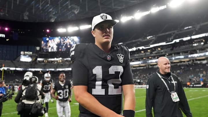 Dec 22, 2024; Paradise, Nevada, USA; Las Vegas Raiders quarterback Aidan O'Connell (12) leaves the field after the game against the Jacksonville Jaguars at Allegiant Stadium. Mandatory Credit: Kirby Lee-Imagn Images Dec 22, 2024; Paradise, Nevada, USA; Las Vegas Raiders quarterback Aidan O'Connell (12) leaves the field after the game against the Jacksonville Jaguars at Allegiant Stadium. Mandatory Credit: Kirby Lee-Imagn Images