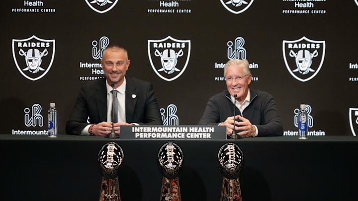 Jan 27, 2025; Las Vegas, NV, USA; Las Vegas Raiders general manager John Spytek (left) and coach Pete Carroll at press conference at Intermountain Health Performance Center. Mandatory Credit: Kirby Lee-Imagn Images