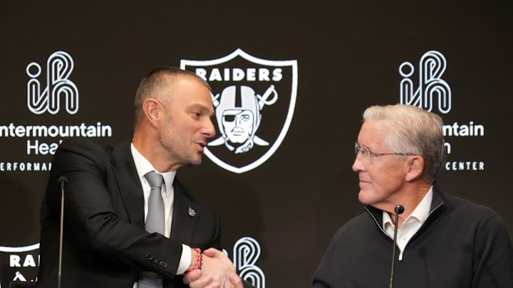 Jan 27, 2025; Las Vegas, NV, USA; Las Vegas Raiders general manager John Spytek (left) and coach Pete Carroll at press conference at Intermountain Health Performance Center. Mandatory Credit: Kirby Lee-Imagn Images