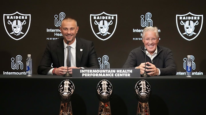 Jan 27, 2025; Las Vegas, NV, USA; Las Vegas Raiders general manager John Spytek (left) and coach Pete Carroll at press conference at Intermountain Health Performance Center. Mandatory Credit: Kirby Lee-Imagn Images
