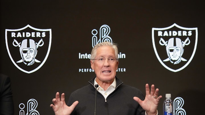 Jan 27, 2025; Las Vegas, NV, USA; Las Vegas Raiders coach Pete Carroll at press conference at Intermountain Health Performance Center. Mandatory Credit: Kirby Lee-Imagn Images Jan 27, 2025; Las Vegas, NV, USA; Las Vegas Raiders coach Pete Carroll at press conference at Intermountain Health Performance Center. Mandatory Credit: Kirby Lee-Imagn Images