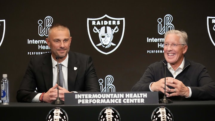 Jan 27, 2025; Las Vegas, NV, USA; Las Vegas Raiders general manager John Spytek (left) and coach Pete Carroll at press conference at Intermountain Health Performance Center. Mandatory Credit: Kirby Lee-Imagn Images