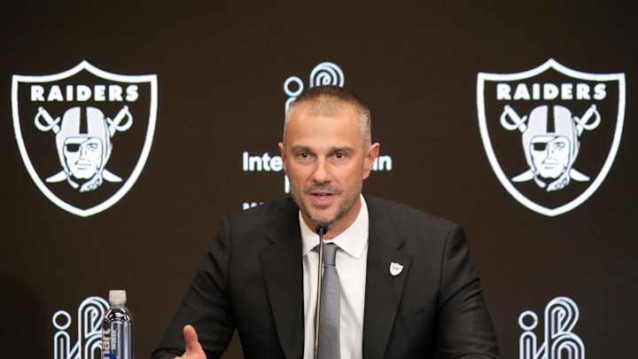 Jan 27, 2025; Las Vegas, NV, USA; Las Vegas Raiders general manager John Spytek speaks at a press conference at Intermountain Health Performance Center. Mandatory Credit: Kirby Lee-Imagn Images