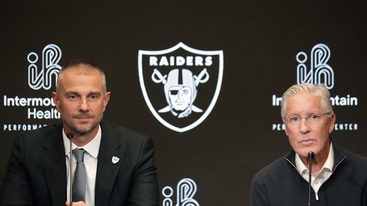 Jan 27, 2025; Las Vegas, NV, USA; Las Vegas Raiders general manager John Spytek (left) and coach Pete Carroll at press conference at Intermountain Health Performance Center. Mandatory Credit: Kirby Lee-Imagn Images Jan 27, 2025; Las Vegas, NV, USA; Las Vegas Raiders general manager John Spytek (left) and coach Pete Carroll at press conference at Intermountain Health Performance Center. Mandatory Credit: Kirby Lee-Imagn Images